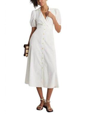 HUTCH Laurel Button-Up Dress Midi White Cotton Short Sleeve Vneck Feminine Sz 10